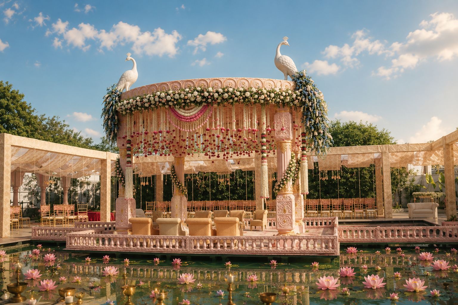 Ornate floral wedding mandap with peacock statues beside a lotus pond at a luxury Bangalore venue
